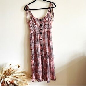URBAN OUTFITTERS Cream and Red Linen Blend Button Front Tie Strap Midi Dress